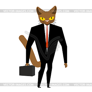 Businessman cat with case and tie. Pet in costume. - vector image