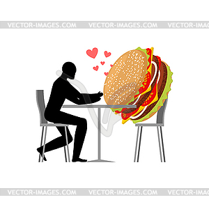 Lover fast food. Man and hamburger in cafe. Guy - vector image