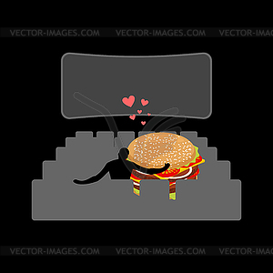 Lover fast food. Man and hamburger in movie theater - vector image