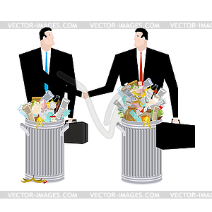 Businessman handshake in Trash can. Business deal o - vector clip art