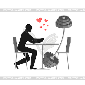 Lover Fitness sport. Man and barbell in cafe. Lover - vector image