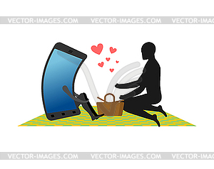 Lover of gadgets. Man and smartphone On picnic. - vector clipart