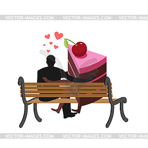 Lover of cakes. Man and piece of cake Sitting on - vector image