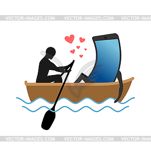Любовник гаджетов. Человек и смартфон ездить на лодке. - векторная иллюстрация