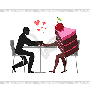 Lover of cakes. Man and piece of cake in cafe. - vector image