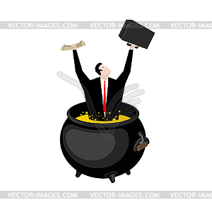 Businessman in hellish cauldron. Boss is in hell. - vector clipart