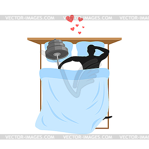 Lover Fitness sport. Man and barbell in bed. - vector image