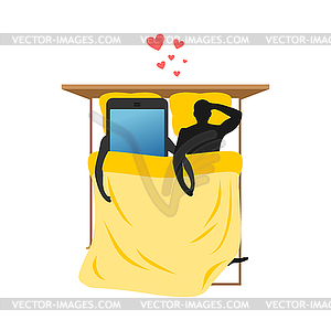 Lover of gadgets. Man and smartphone In bed. - vector clipart