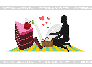 Lover of cakes. Man and piece of cake On picnic. - vector image