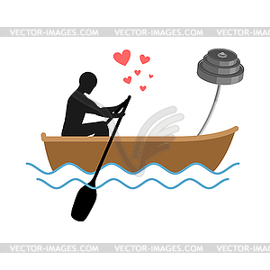 Lover Fitness. Man and barbell Ride in boat. - stock vector clipart