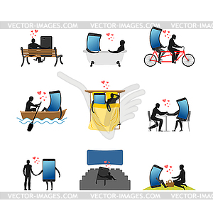 Lover Lover of gadgets set. Man and smartphone in - vector clipart