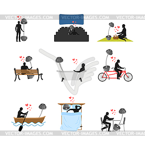 Lover Fitness set. Man and barbell in movie theater - vector image