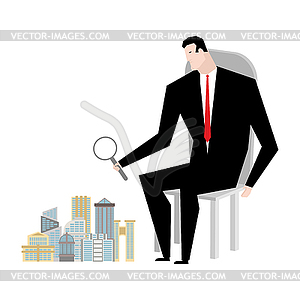 Mayor sees city through magnifying glass. head of - vector clipart