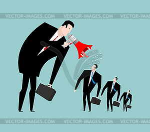 Boss screams megaphone to manager. To give orders. - vector clip art