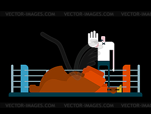 Knockout in ring. Referee and boxer. arbiter is - vector image