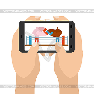 Boxing on tablet game. Sports in smartphone. hands - vector clipart