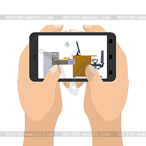 Office on tablet game. Business in smartphone. Hand - vector clipart