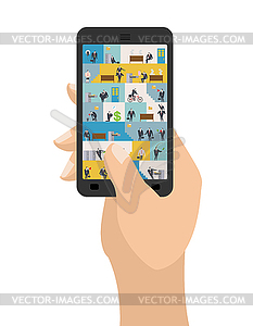 Office in smartphone. Workplace in phone. Managers - vector clipart