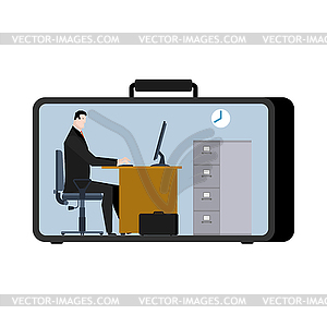 Office in case. mobile Workplace in suitcase. - vector image