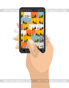 Office in smartphone. Workplace in phone. Managers - vector image