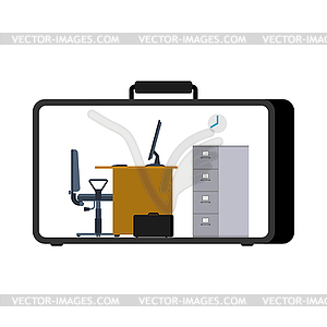 Office in case. mobile Workplace in suitcase. - vector image