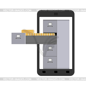 File Cabinet in smartphone. Iron box for - vector image