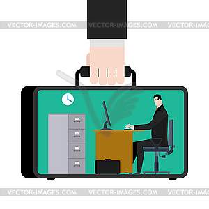Office in case. mobile Workplace in suitcase. - vector image