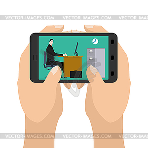 Office on tablet game. Business in smartphone. Hand - vector clipart