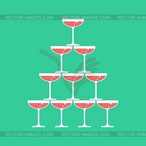 Glass of champagne tower. Alcohol in glass belfry. - vector image