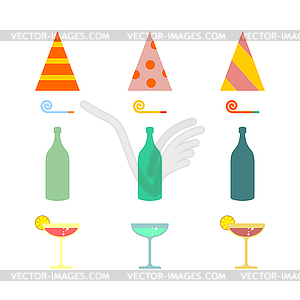 Party set. Celebratory cap and Party horn. alcohol - vector image