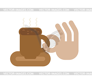 Coffee mug and hand Okay sign. cup of good hot drink - vector clipart