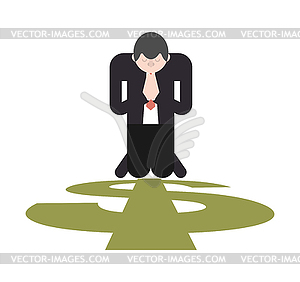 Prayer for money. Businessman is praying on his - vector image