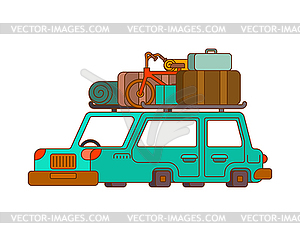 Car for weekend outline style. Family go to - vector clipart