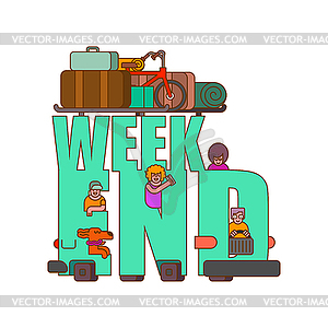 Weekend lettering. Car Family go to camping line - vector image