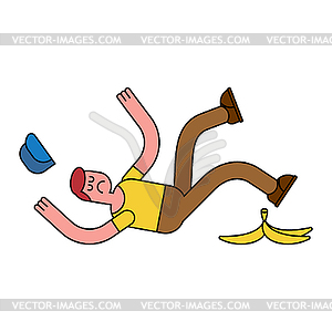 Fall on banana. Slip on banana peel. guy flopped. - vector clipart