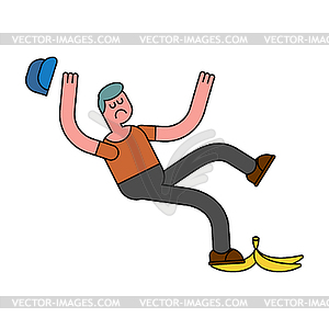 Fall on banana. Slip on banana peel. guy flopped. - vector clipart