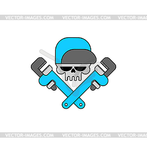 Plumber service emblem. Skull and Adjustable wrench - vector image