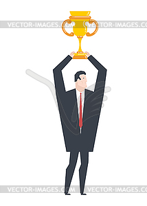 Business winner. businessman holds gold cup in his - vector image