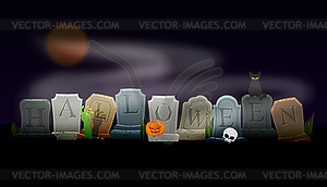 Halloween. Grave and hand of zombie. Black cat and - vector image