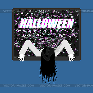 Zombie girl of TV. Zombie comes out of televisor. - vector image