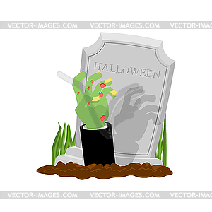 Halloween. Grave and hand of zombie. Gravestone - vector image