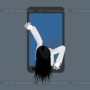 Witch zombie of smartphone. Zombie girl comes out o - vector image