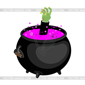 Pot with magical potion and hand zombie. Witch - vector clipart