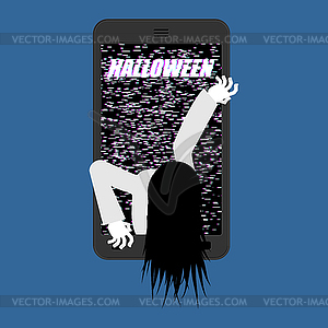 Halloween Witch zombie of smartphone. Zombie girl - vector image