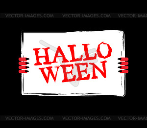 Halloween Red devil hand holding white sheet. - vector clipart