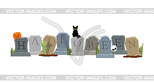 Halloween. Grave and hand of zombie. Black cat and - vector image