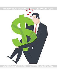 Businessman kisses dollar. Love money profit. - vector image