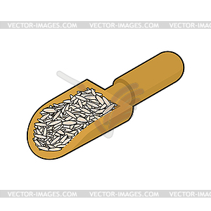 Brown rice in wooden scoop . Groats in wood - vector clipart