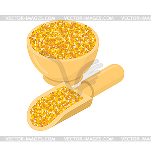 Corn grits in wooden bowl and spoon. Groats in - vector clip art