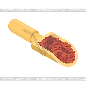 Red rice in wooden scoop . Groats in wood shovel. - vector clipart